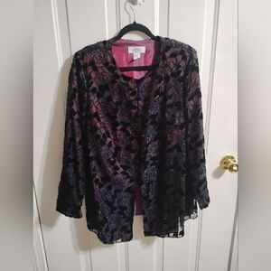 Women's Size 14 Vintage Button-up Blazer Sheer  With Felt Roses Multicolor